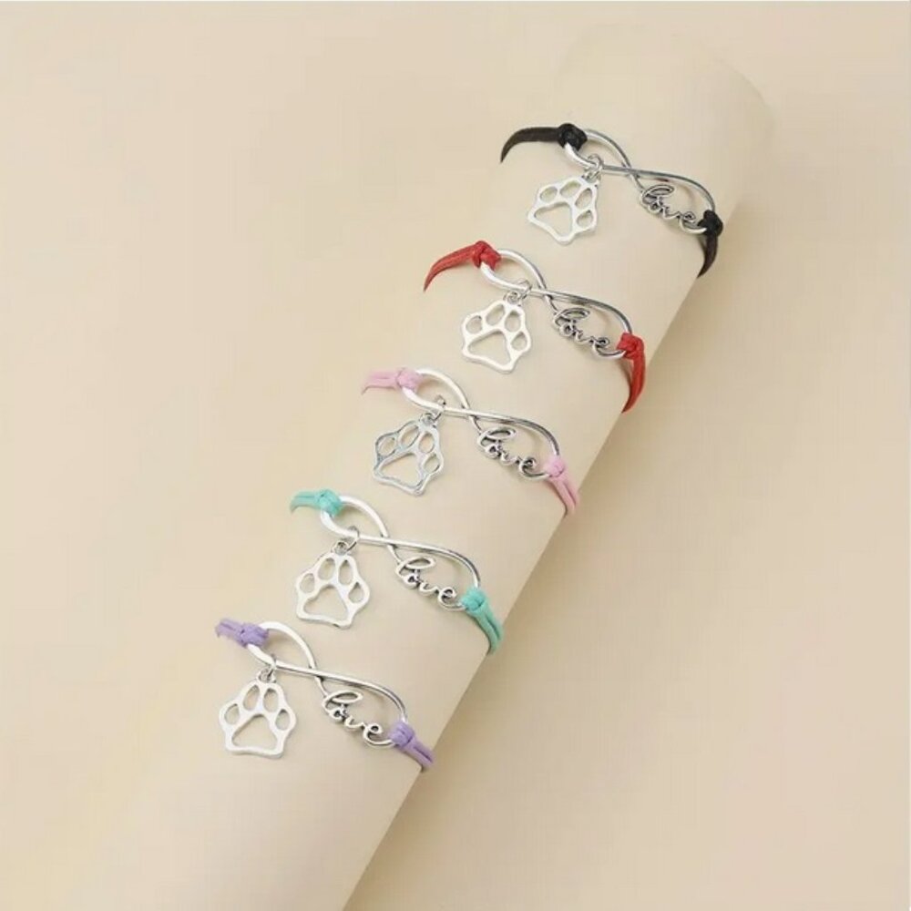 2 for $50 Paw Dog Cat Animal Lover Love Heart Bracelet Black Cord Silvery NWT7"